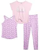 RBX Girls' Activewear Set - 3 Piece Short Sleeve Performance T-Shirt, Tank Top, and Capri Leggings (Size: 7-12), Size 10-12, Lilac Floral