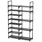 ROJASOP Shoe Rack Organizer, 8-Tier Metal Shoe Rack for Closet Entryway Garage, 26-32 Pairs Tall Shoe Boot Storage Shelf with 15 Hooks, Stackable Large Shoe Stand