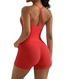 OMKAGI 2 Piece Workout Sets for Women Padded Sports Bra Tank Booty Gym Shorts with Pockets(M,284-Red)