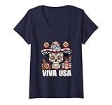 Womens Viva USA Latin-American Latina Spanish 4th of July Party V-Neck T-Shirt