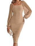 MEROKEETY Women's Long Puff Sleeve Ruched Bodycon Dress Square Neck Mesh Cocktail Party Midi Dresses,Apricot,M