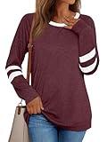 AUTOMET Womens Long Sleeve Shirts Color Block Casual Dressy Crewneck Tops Cotton Tshirt Basic Tees Fall Fashion Trendy Clothes Work Outfits WineRed XL