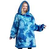 Giggling Getup Wearable Blanket Hoodie for Women Men - Oversized Flannel Sherpa Fleece Sweatshirt Blanket - with Giant Pocket & Sleeves - Cozy Warm Blanket Birthday Gifts for Adults Dark Blue Tie Dye