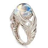Blank Swan Colorful Stone Angel Wings Inlaid with Moonlight Stone Ring Carved Out Women's Ring Fashion Jewelry(US Size-6)