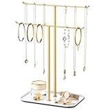 pickpiff Necklace Holder Jewelry Organizer Stand – 2‑Tier T‑Bar Jewelry Display Tree with Tray for Countertop Necklace Bracelet Earring Storage, Vanity Dresser Bathroom Sink, Gold