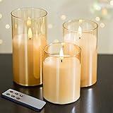 Eywamage Gold Glass Flameless Pillar Candles with Remote, Flickering Battery Operated Christmas LED Candles Set of 3