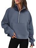 AUTOMET Womens Sweatshirts Half Zip Cropped Pullover Fleece Quarter Zipper Hoodies 2024 Fall Fashion Outfits Clothes GreyBlue X-Large