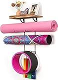 Bikoney Yoga Mat Holder Wall Mount Yoga Mat Storage Home Gym Accessories with Wood Floating Shelves and 4 Hooks for Hanging Foam Roller and Resistance Bands Fitness Home Gym Carbonized Black