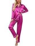 Ekouaer Women's Classic Button Down Long Satin Silk Pajama Set,Medium,Rose