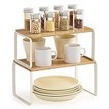 SONGMICS HOME Cabinet Organizer Shelf, Set of 2 Kitchen Counter Shelves, Kitchen Storage, Spice Rack, Stackable, Expandable, Metal and Bamboo, Light Bamboo UKCS050N01
