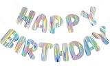 Iridescent Happy Birthday Banner, 9ft Pre-Strung Holographic Birthday Decorations Vibrant Party Sign with Aurora, Rainbow Effects