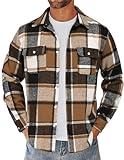 COOFANDY Men's Plaid Jacket Collared Jacket Fall Shirts Fashion Shacket Winter Clothing Khaki