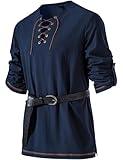 JEMITOP Men's Renaissance Costume Retro Lace Up Shirts for Pirate Viking Medieval Vampire Halloween Cosplay Without Belt Navy Blue L