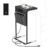 Evermagin C Shaped End Table with Charging Station, Small Side Table for Recliner, Over Couch Table with Outlet and Storage Bag, Slide Under Sofa Tray Table for Living Room, Bedroom, Deep Gray