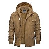 CRYSULLY Men's Autumn Windbreaker Coat Outdoor Hooded Cargo Cotton Utility Full Zip Jacket Khaki