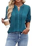 Blooming Jelly Womens Button Down Shirts V Neck Business Casual Tops Lace Crochet Blouses 2025 (X-Large, Blue Green)