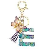 TTYY Initial Letter Keychains for Girls Women Pink Purple Green Cute Butterfly Heart Keychain for Backpack School Bag (purple heart Letter E)