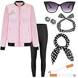 EBYTOP Halloween 1950s Grease Costume for Women,50s Pink Lady Bad Sandy from Grease Top Outfits Accessories Belt Adults Glasses,L