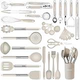 Kitchen Utensils Set-Silicone Cooking Utensils-33pcs Non-Stick Silicone Cooking Kitchen Utensils Spatula Set with Holder-Best Kitchen Cookware with Stainless Steel Handle (Khaki)