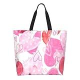 bositigo Pink Tote Bags for Women, Cute Pink Heart Print Purse, Reusable Shopping Handbags, Casual Travel Work Daily Waterproof Summer Grocery Shoulder Bag Holiday Gifts -Large