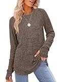 Saloogoe Fall Outfits for Women 2024 Long Sleeve Winter Clothes For Women Tunic Tops with Thumb Hole Sweater Khaki M