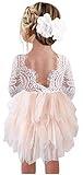 2Bunnies Girl Peony Lace Back A-Line Tiered Tutu Tulle Flower Girl Dress (Pink 3/4 Sleeve Short, 12M)