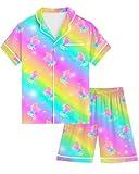 Sylfairy Girls Rainbow Unicorn Satin PJs Set - Short Sleeve Button Down Silky Pjs - Girls' Sleepwear Set for Toddler Kids Size 7-8