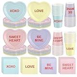 Maxcheck 196 Pcs Valentine's Day Party Supplies Tableware Set Serve 48 Including Valentine Conversation Heart 7" Paper Plates 9 oz Cups 5" Pink Napkins for Valentine Anniversary Wedding Party Favors