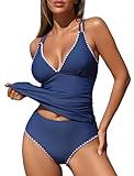 ZAFUL Womens Tankini Bathing Suits Two Piece Swimsuits High Waisted Bathing Suit Shell Stitch Push Up Swim Top Bathing Suits with Shorts (Blue L)