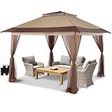 CROWN SHADES 13x13 Pop Up Gazebo, Canopy Tent, Gazebos on Clearance - Outdoor Gazebo for Backyard & Patio Furniture - Carpa Pop Up Tent with Wheeled STO-N-Go Cover Bag (Beige & Coffee)