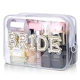 Etercycle Bride Clear Makeup Bag, Bridal Shower Gifts Engagement Cosmetic Bag, Bling Pearl Rhinestone Letter Patches Waterproof PVC Travel Organizer for Women Wedding Bachelorette Party (Gold)