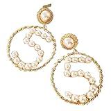 JAKUMTAMI Fashion Brand Women Earring Jewelry Simple Pearl Number 5 Big Circle Part Model Earrings Black Ribbon Weaves