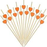 Minisland Orange Love Heart Cocktail Picks, 4.7 Inch Long Bamboo Fancy Toothpicks for Appetizers, Fall Thanksgiving Valentines Wedding Party Food Drinks Garnish Fruit Skewer Sticks 100 Counts -MSL440