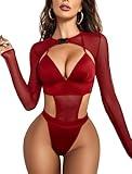 Avidlove Valentines Day Lingerie for Women Rave Outfits Teddy Sheer Crop Top and Bodysuit Set