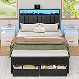 Furnulem Full Size Bed Frame with Charging Station and LED Lights, Grey Upholstered Headboard with Shelves, Metal Platform Bed with 2 Under-Bed Storage (Fabric Drawer on Wheels), No Box Spring Needed