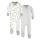 Burt's Bees Baby Baby Boys' Sleeper PJs, 100% Organic Cotton, Soft One-Piece Footie, Diagonal Zip Up Jumpsuit, Snug Fit Pajamas with Snap Tab, A Bee C/Stripe 2-pk, 12 Months