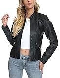 Fahsyee Women's Faux Leather Jackets,Black Crop Petite Zip Up Motorcycle Short PU Moto Biker Outwear Stand Collar Fitted Slim Coat, Size L