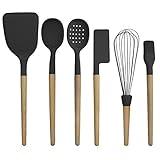 Country Kitchen Non Stick Silicone Utensil Set with Rounded Wood Handles for Cooking and Baking, 6 Piece Set, Black