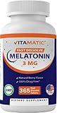 Vitamatic Melatonin 3mg Tablets | Vegetarian, Non-GMO, Gluten Free | 1 Year Supply | Natural Berry Flavor - 365 Tablets