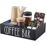 ALELION Coffee Station Organizer with Removable Dividers - Wood Bar Accessories Organizer for Countertop - Pod Holder Basket for Sugar Tea - Black Table Decor