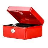 Small Cash Box with Key Lock, Decaller Portable Metal Money Box with Double Layer & 2 Keys for Security, Red, 6 1/5" x 5" x 3", QH1503XS