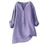 3/4 Sleeve Summer Tops,Cyber of Monday Deals 2024,Cotton Linen Shirts for Women Summer Fashion 2024 Plus Size Tops Rolled 3/4 Length Sleeve Button Down Loose Fit Blouse,Purple,5X-Large