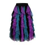 Girstunm Layered Mesh Skirt for Women Midi Length High Waisted A-line Skirts Fairy Halloween Costume Black Teal Purple X-Large