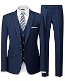MY'S Men's 3 Piece Slim Fit Suit Set, 2 Button Blazer Jacket Vest Pants with Tie, Solid Wedding Dress Tux and Trousers Deep Blue