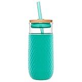 Ello Devon Glass Tumbler , Protective No Sweat Silicone Sleeve and Splash Proof Wooden Detail Lid with Straw, 18 oz