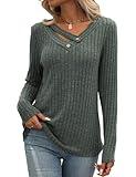 Misyula Style V Neck Sweaters for Women Trendy, Long Sleeve Fall Tops Fashion Basic Casual Office Date Holiday Pullover Blouses,Sage green,XL