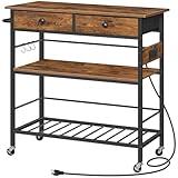 HOOBRO Kitchen Island with Storage, Rolling Island Cart for Kitchen with 2 Drawers & Outlet, 3 Tier Coffee Station and Microwave Stand, Kitchen Island Table for Home, Rustic Brown BF08UZD01