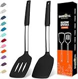 BakeRoyal Silicone Spatula Set - Turner Spatulas Silicone Heat Resistant 600°F - Slotted & Solid Silicone Spatulas for Cooking Fish, Eggs, Pancakes Flipper – Silicone Cooking Utensils Set – Black