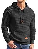 COOFANDY Men's Knit Hoodie Pullover Fashion Hip Hop Long Sleeve Drawstring Waffle Hooded Sweatshirt with Kanga Pocket, Black, Large