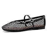 Rihero Black Flats for Women Mesh Ballet Flats Buckle Strap Square Toe Fishnet Casual Dress Ballerina Flat Shoes Size 7